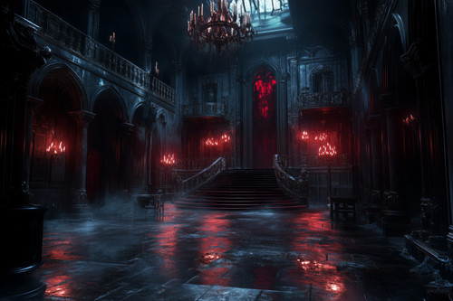 Step into the dark and captivating realm of Dracula, where Gothic architecture looms with flickering.jpg