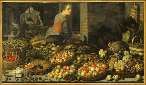Schooten, Floris van Натюрморт с фруктами и овощами на фоне сюжета Христос в Эммаусе, 1651, 113 cm x