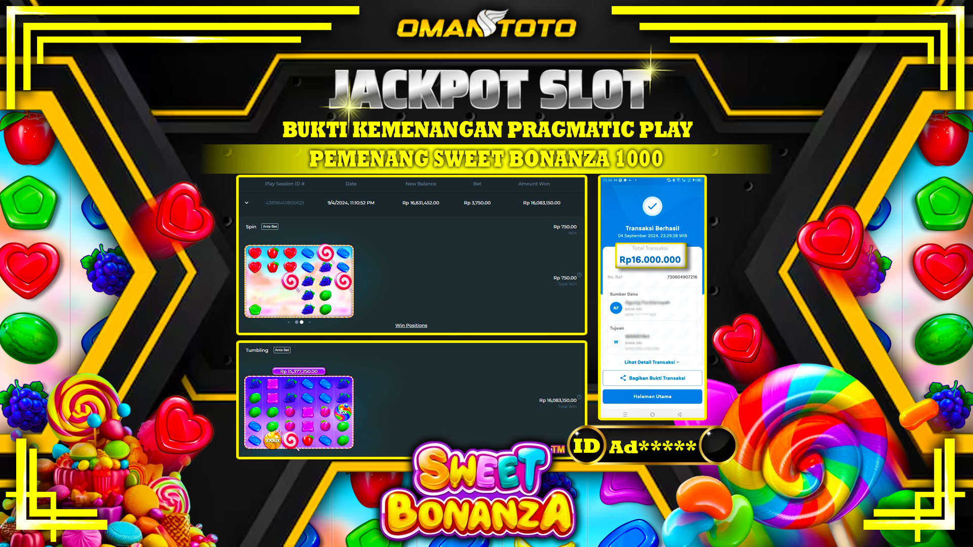 OMANTOTO JACKPOT SLOT SWEET BONANZA 1000 Rp. 16.000.000,-
