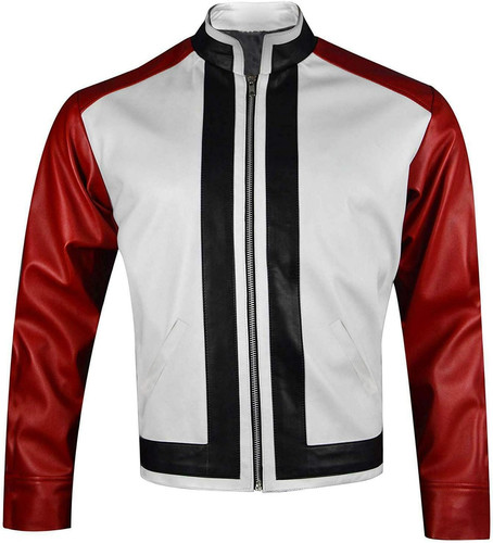 Mens Biker Tri Color Leather Motorcycle Jacket for Garou Fighter Cosplay Costume 0