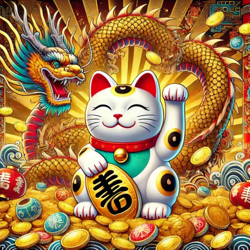 DALL·E 2024 08 19 15.13.42 A cheerful and lively neko lucky cat (maneki neko) surrounded by flying g.webp