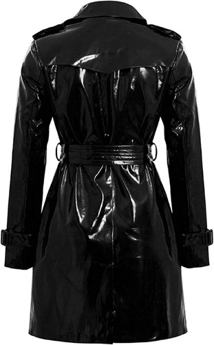 Womens Fashion Outdoor Wet Look Clothing Trench Coat Raincoat Black Pu Leather Wear PVC 2