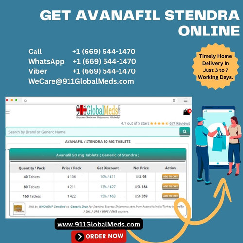 https://www.911globalmeds.com/buy-avanafil-stendra-online

Order STENDRA / Avanafil online from a trustworthy store online. Visit online store website and Search for the product, add it to your cart, and continue to checkout. Provide your required details, select a payment option, and finalize your order.