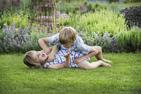 smiling boy and girl in a garden roughhousing playing together play fighting on a lawn MINF04421.jpg