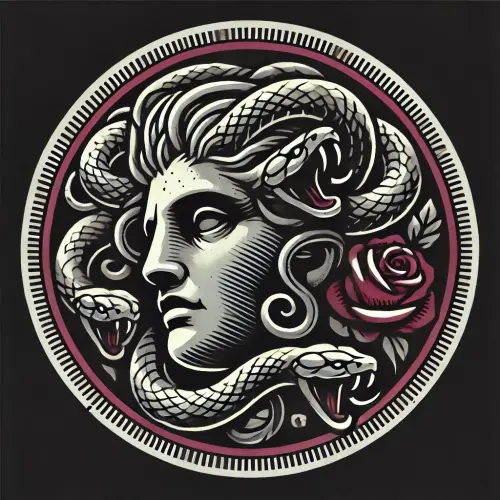 DALL·E 2024 10 05 11.52.18 A circular logo featuring the head of Medusa with intertwined snakes and .webp