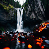 a waterfall with lava rocks at the bottom by universe 404 dhxasil