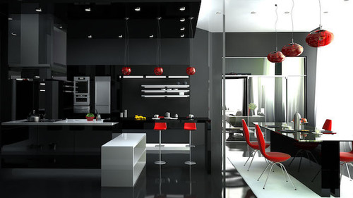 decoration interieur en noir et blanc elements décoratifs en rouge meubles cuisines noirs chaises r.jpg