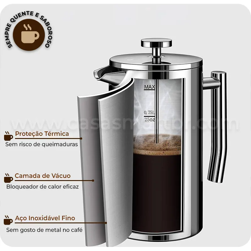 Prensa Francesa Inox 700ml VIP Coffee - Casa Smart BR