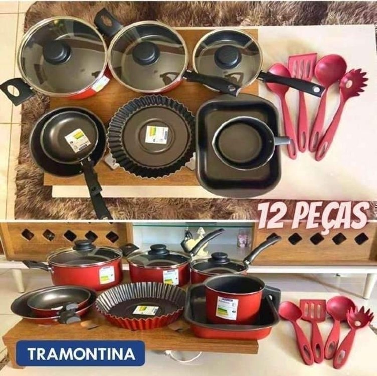 Kit para Cozinha 12 Peças com Jogo de Panelas Vermelho e Utensilios Tramontina Turim