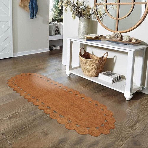 Indian Hand Woven Rug Scalloped Oval Yoga Mat Brown Vintage Rug Bohemian Scallop Area Rug Oval Doorm.jpg