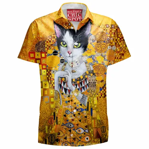 Cat in Gold Hawaiian Shirt Boutique Chic Spot.webp