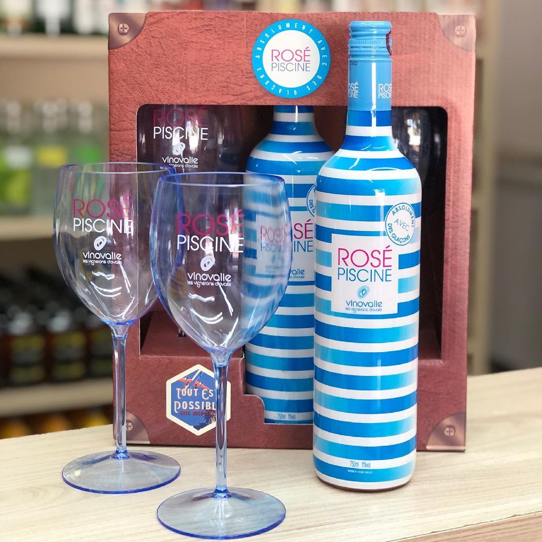 Vinho Rosé Meio Seco Rosé Piscine – Kit Cristal Blue França 750ml com Taça