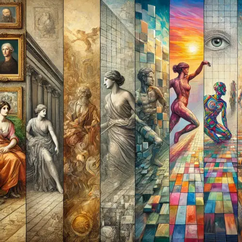 DALL·E 2024 09 14 18.56.47 An artistic timeline showing the evolution of modern art from classical r.webp