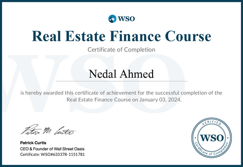 Real Estate Finance Course Completion Certificate