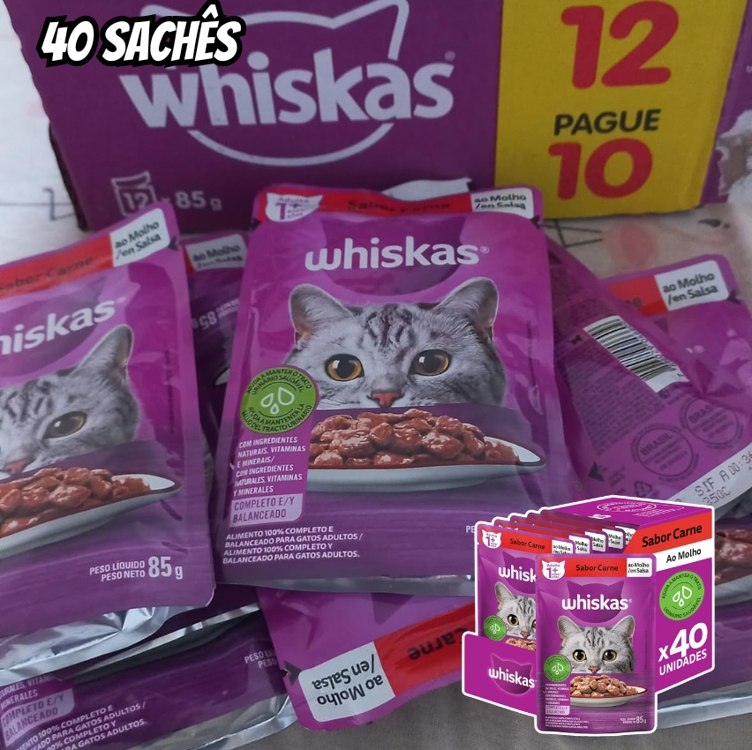 Pack de Ração Úmida Whiskas Sachê Carne ao Molho para Gatos Adultos, 40 sachês de 85 g