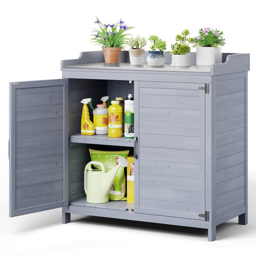Wooden Potting Bench Table with Metal Tabletop%2C Outdoor Garden Tool Storage Sheds.jpg