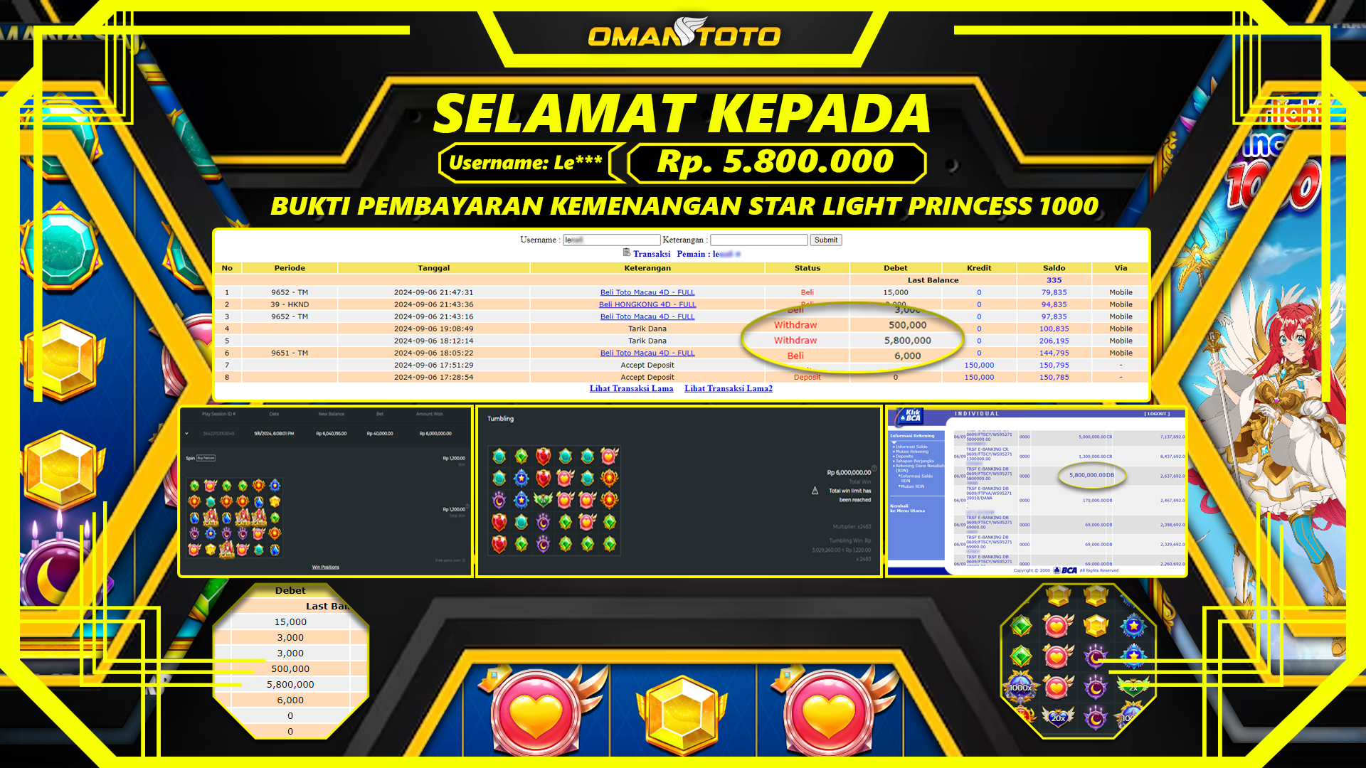 OMANTOTO JACKPOT SLOT STARLIGHT PRINCESS 1000 Rp. 5.800.000,-