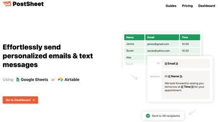 Effortlessly send personalized emails & text messages by using Google Sheets or Airtable