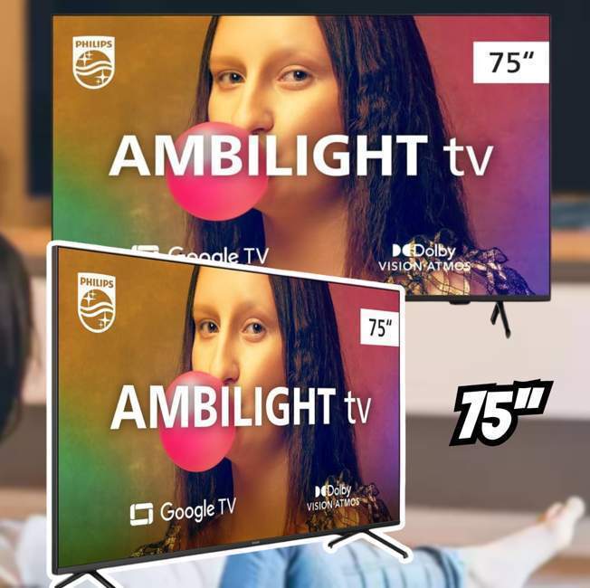 Smart TV Philips Ambilight 75″ 4K 75PUG7908/78, Google TV, Comando de Voz, Dolby Vision/Atmos, VRR/ALLM, Bluetooth