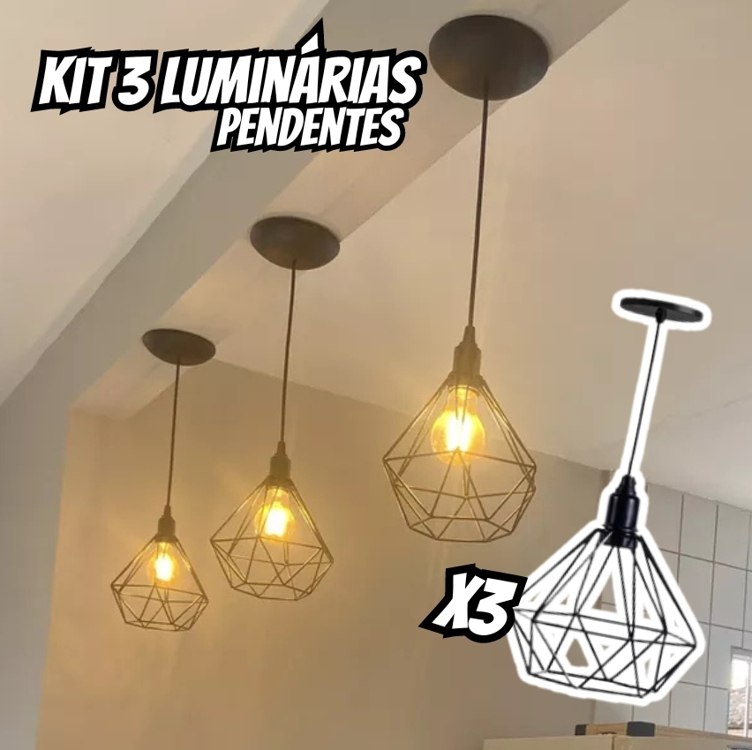 Kit 3 Pendentes Diamante Aramado Preto Industrial Luminaria