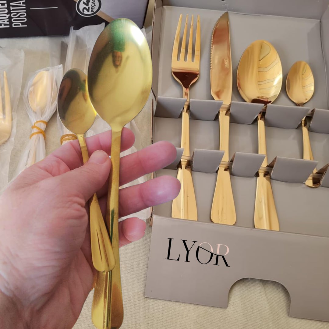 LYOR Faqueiro de Aço Inox Positano Dourado 24 Peças – Jogos de Talheres – Mesa Posta – Utensílios de Cozinha, Enxoval, Casamento, Decoração