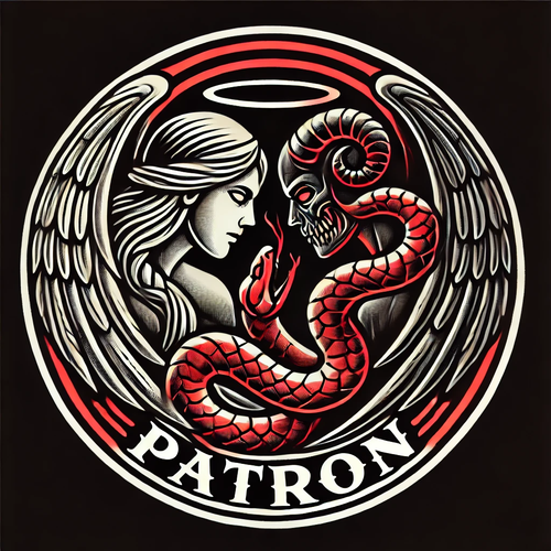 DALL·E 2024 09 18 13.43.35 A circular logo featuring an angel and a devil intertwined, with a menaci.png