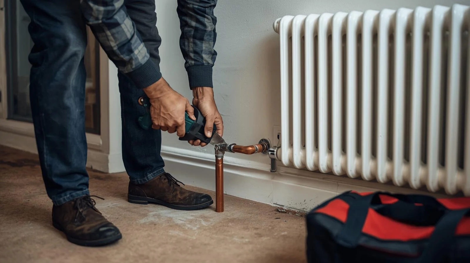 Plumber installing or repairing central heating radiator with tools
