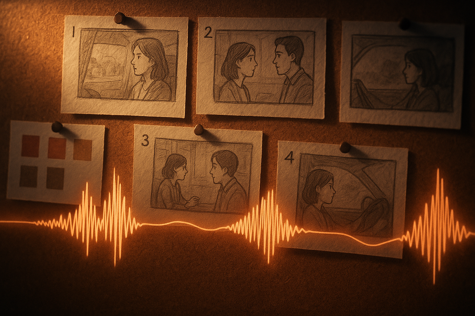 A creative storyboard pinned on a cork wall under moody studio lighting: numbered frames with sketches of scenes, color swatches, character sheets, and a flowing ribbon of audio waveform weaving between panels. Hyper-detailed paper textures, soft bokeh, warm tones, shallow depth of field.