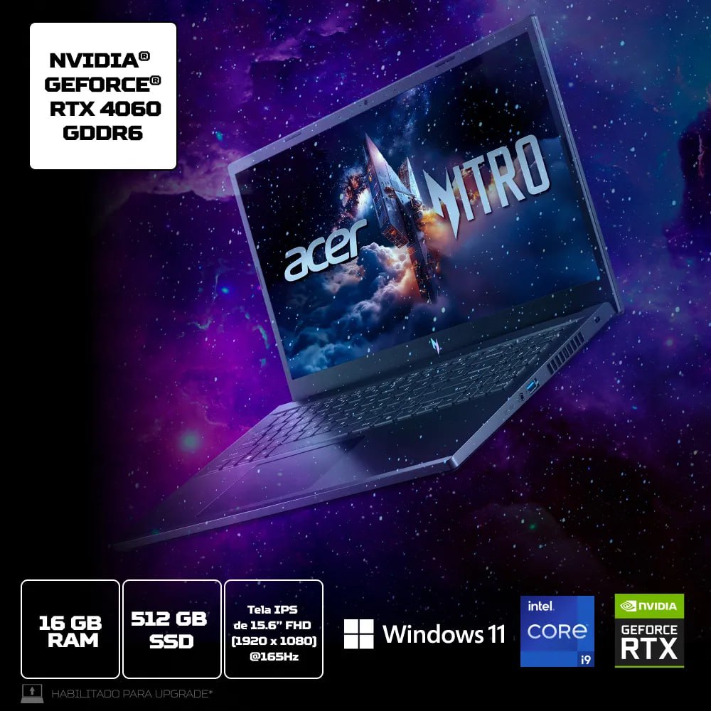 Notebook Acer Nitro V15 ANV15-52-96AQ Intel® Core™ i9-13900H de 13° G 16GB 512GB SSD RTX4060 Windows 11 Home 15.6”