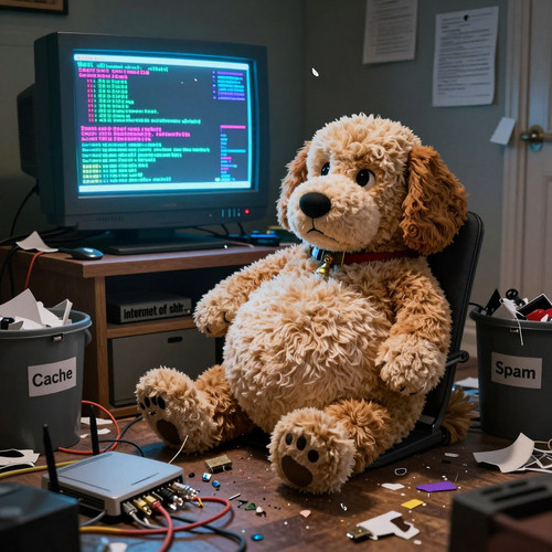 Big Belly Bob BBB a plush labradoodle with an absurdly large spherical belly sitting in a chaotic cl.jpg