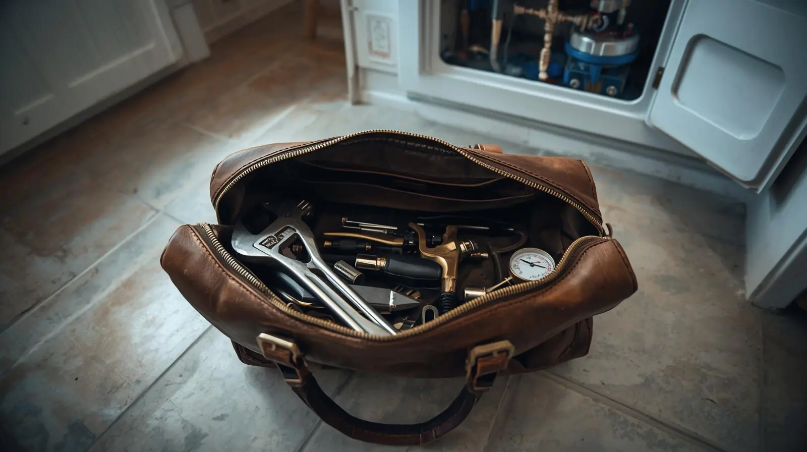 Open leather tool bag with plumbing and heating tools next to boiler