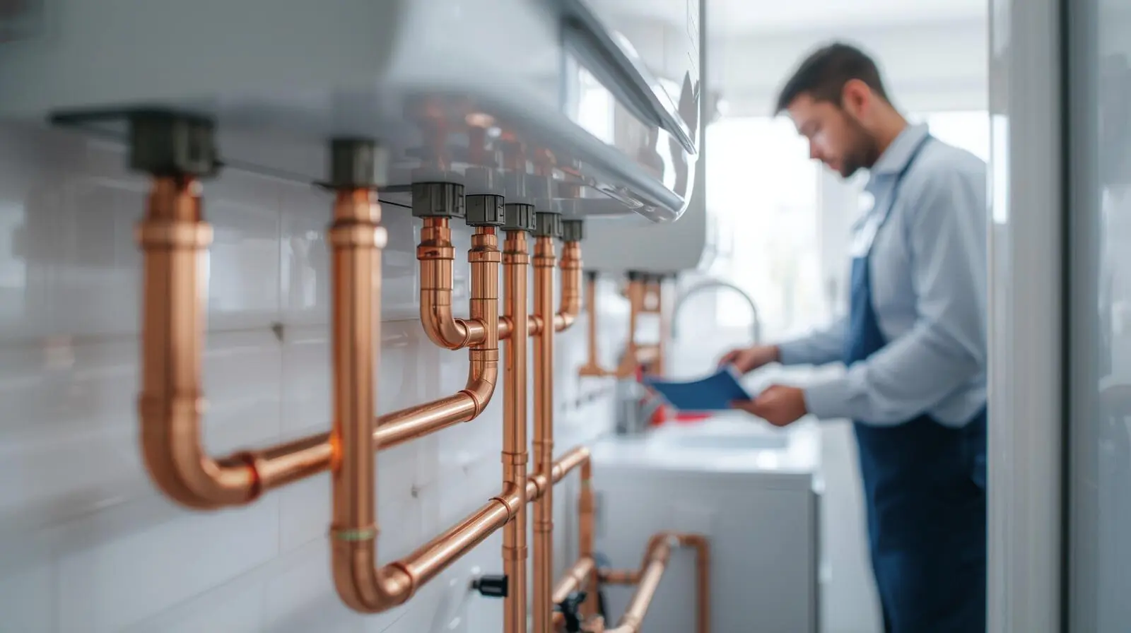 Plumber reviewing plans during boiler installation with copper pipes