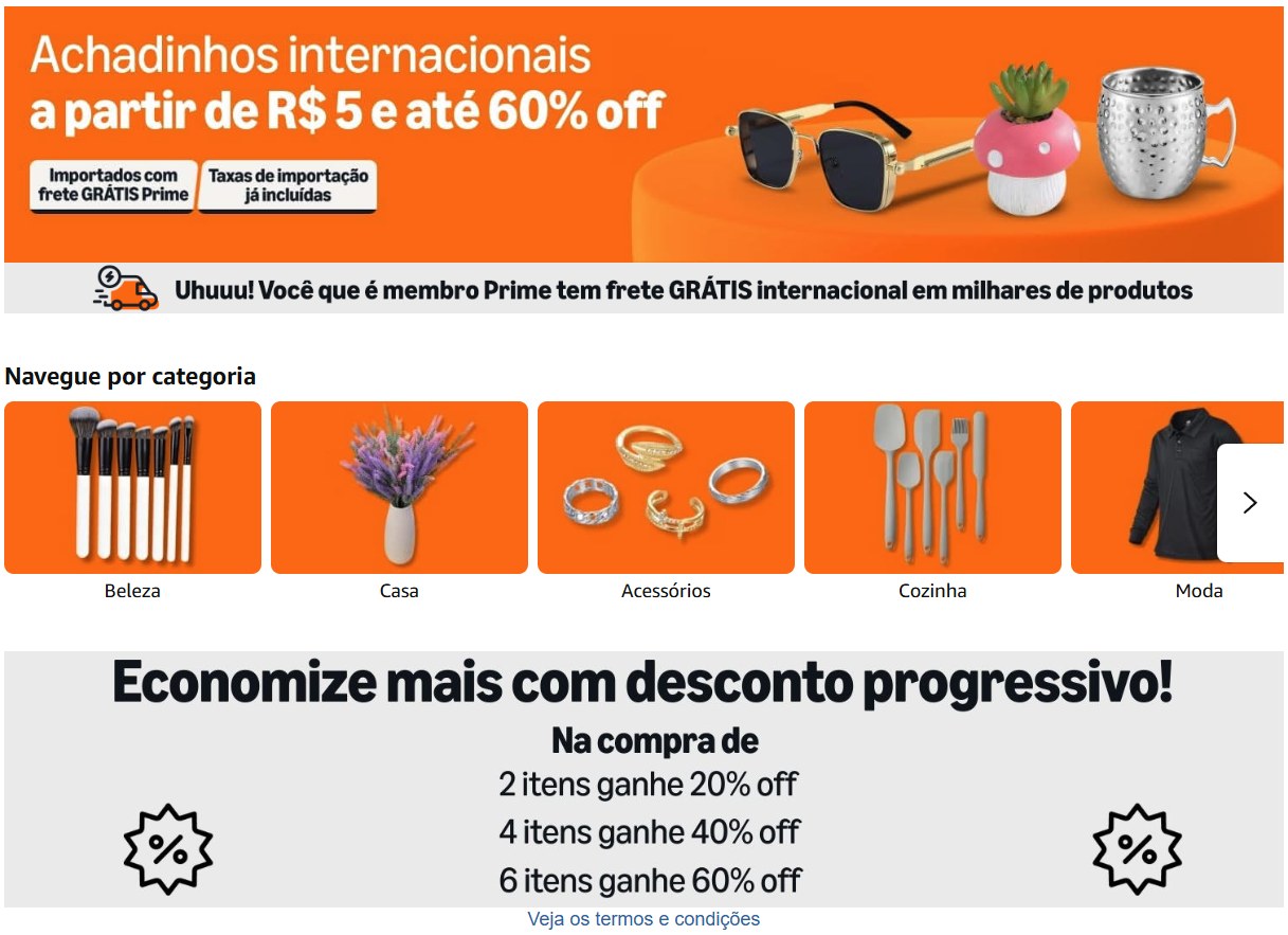 Desconto progressivo Amazon internacional, até 60% OFF comprando 6 itens ou mais