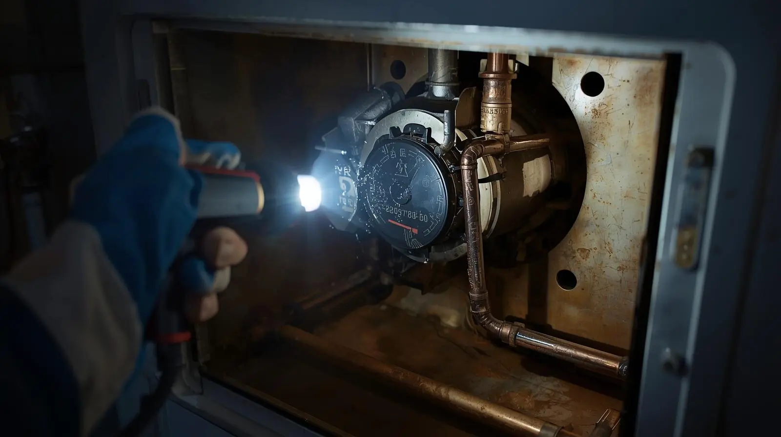 Plumber Chorlton M21 inspecting boiler with flashlight for heating and plumbing services