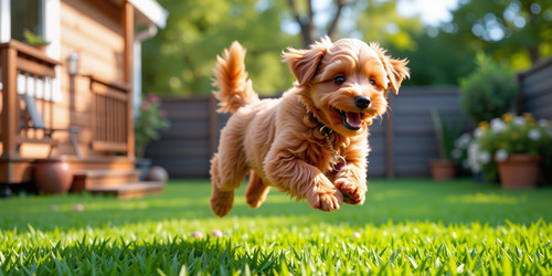 A hyper realistic and dynamic scene featuring Mellie a tiny golden doodle puppy bouncing with extrem.jpg