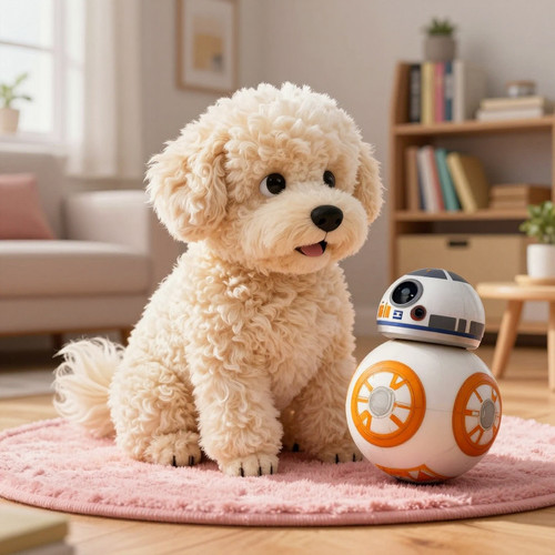 Big Belly Bob BBB a plush labradoodle with an absurdly large spherical belly sitting like a teddy be.jpg