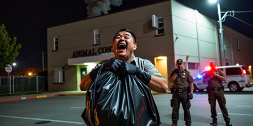 A hyper realistic nighttime scene at the Alameda County Animal Control facility An Asian man with a .jpg