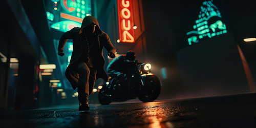 A cyberpunk rain soaked alleyway at night wide screen composition The alley is narrow flanked by tow.jpg