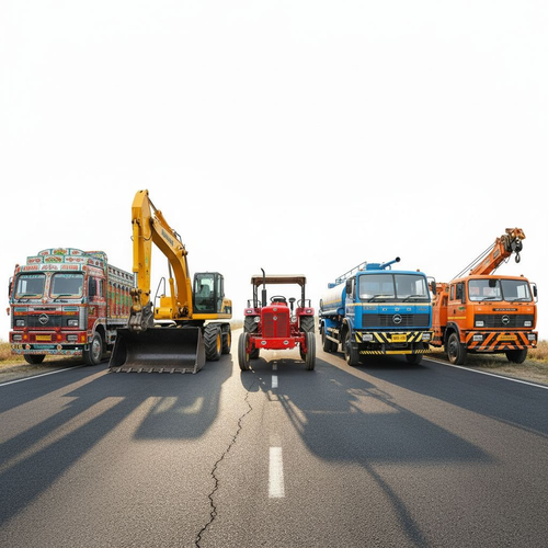 Symmetrical Lineup Of Colorful Construction Vehicles On Asphalt.png