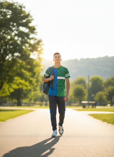Firefly Gemini Flash Teenage boy walking confidently outdoors, improved posture, subtle smile, sunli.png