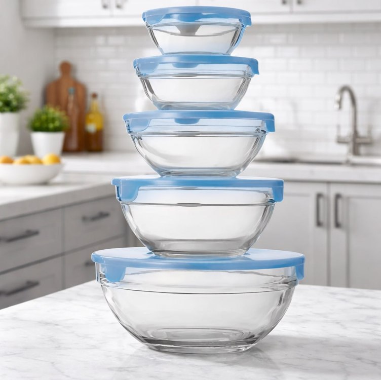 Conjunto 5 Potes Tigelas Vasilhas Bowls Em Vidro Com Tampa