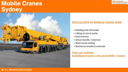 Are you looking for mobile cranes Sydney services? Mantikore Cranes is the best place for your business needs. We are here to do all the diligent work for you. We are giving the setup of the tower crane using our versatile crane reducing any pressure or stress related to the underlying setup stage. The majority of our cranes is appropriately kept up and is reliably given to our customers according to your specific needs. We are providing new as well as used cranes for sale in NSW. We have Professional who helped you always if any fault might occur. We are also providing Mobile cranes, self-erecting cranes, electric luffing cranes. For more information visit our website or email us at info@mantikorecranes.com.au. Opening Hours is Monday to Friday from 7 am to 7 pm.


•	Website: https://mantikorecranes.com.au/mobile-cranes/
•	Contact us: 1300626845
•	Address: PO BOX 135 Cobbitty NSW, 2570 Australia