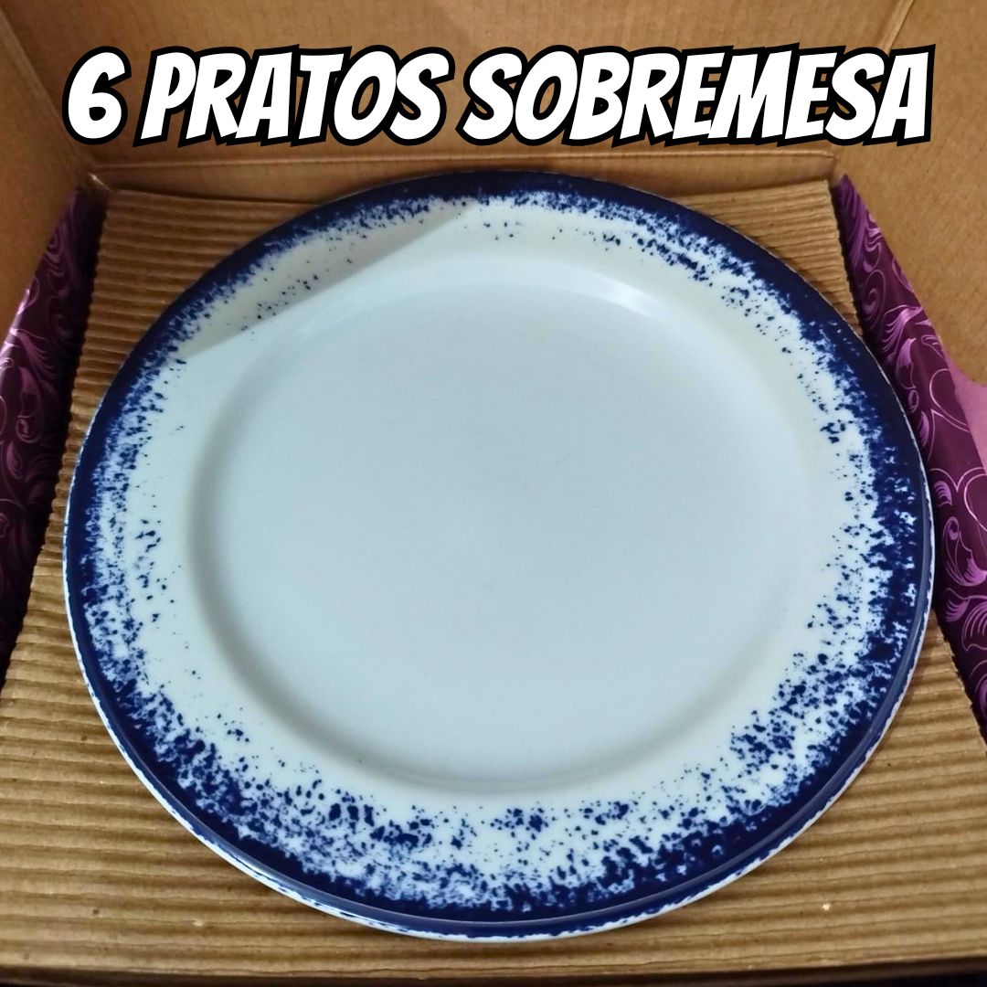 Estojo com 6 Pratos Sobremesa em Porcelana, Modelo Cilíndrica, Decoração Névoa Azul, Porcelana Schmidt