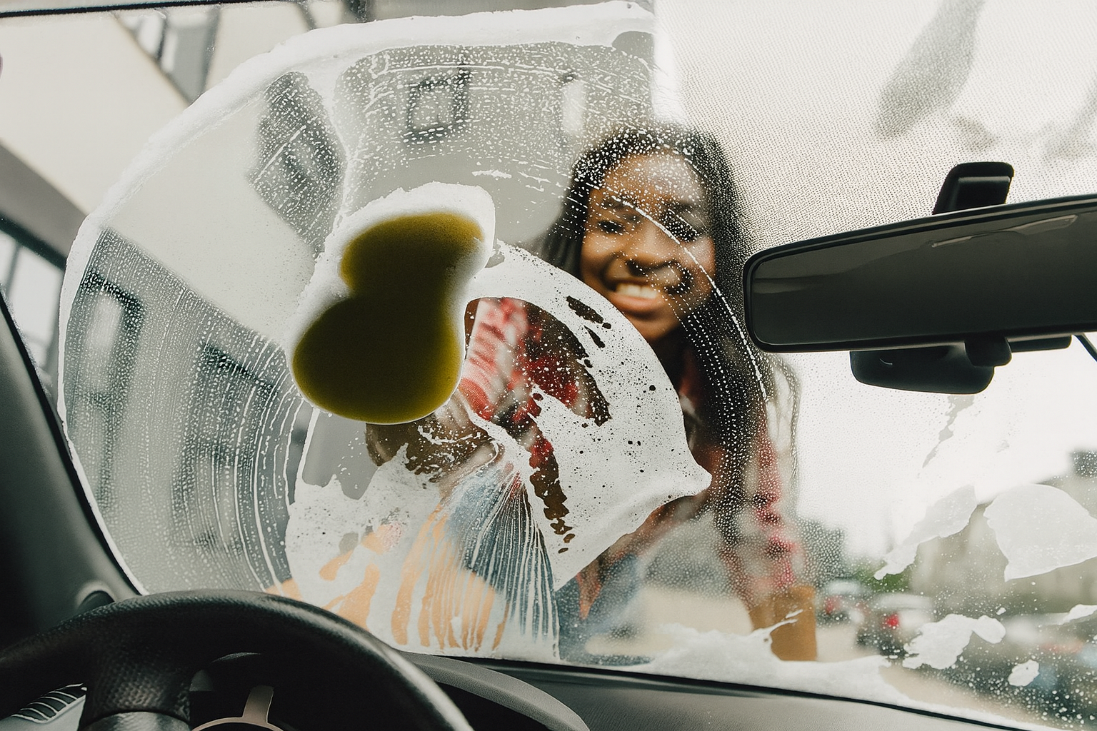 Black woman wiping exterior glass on front passenger door