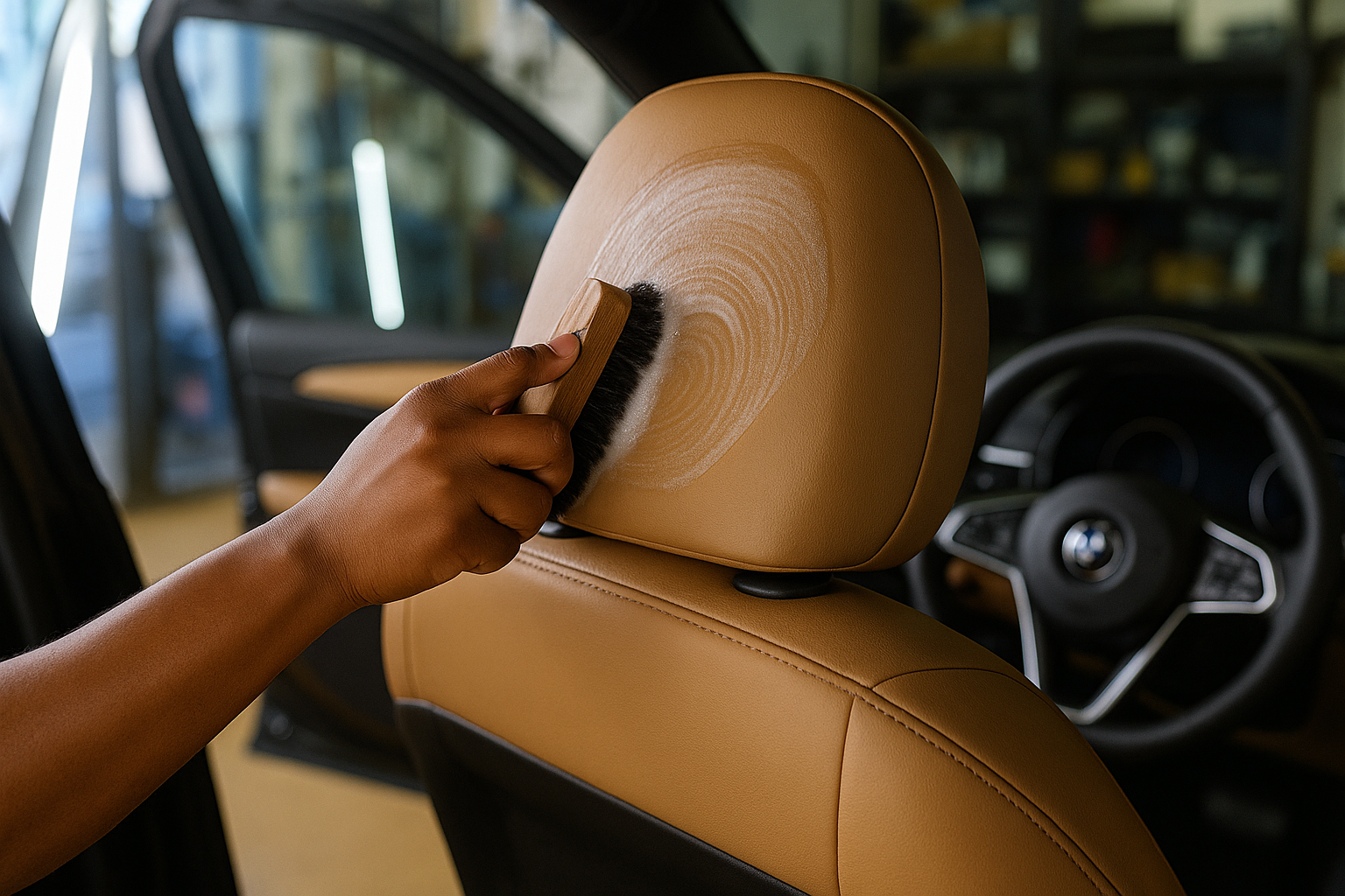 Black woman wiping leather seats during a full detail service