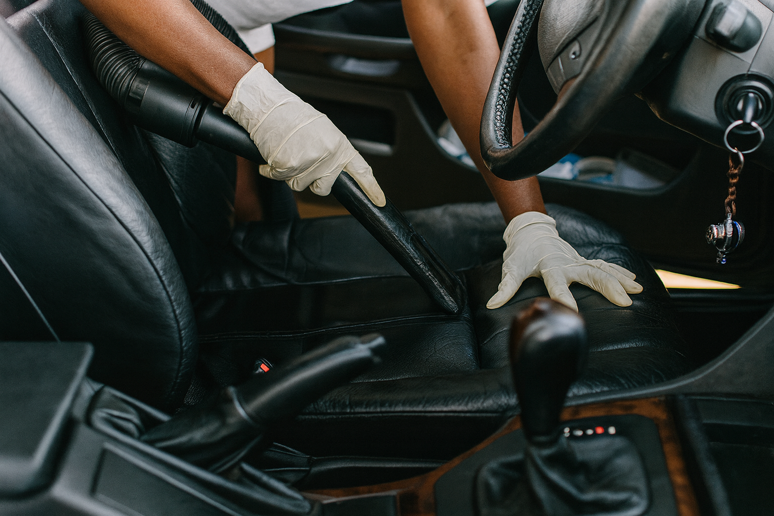 Black woman vacuuming a cloth car seat during a Wash and Vac interior service in Lockbourne Ohio