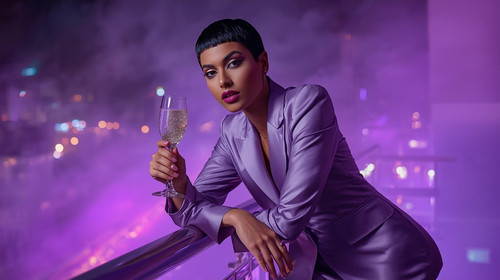 17. A chic Indian trendsetter with pixie cut and plum lipstick, wearing a lavender satin tuxedo and .jpg