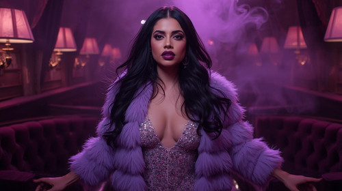 11. A mysterious Indian chanteuse with long waves and dark mauve lipstick, draped in a plush lavende.jpg