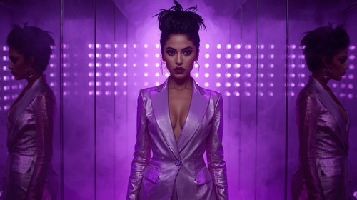 9. A glamorous Indian model with feathered hair and plum gloss, wearing a lavender metallic trouser .jpg
