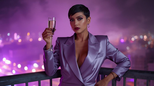17. A chic Indian trendsetter with pixie cut and plum lipstick, wearing a lavender satin tuxedo and .jpg